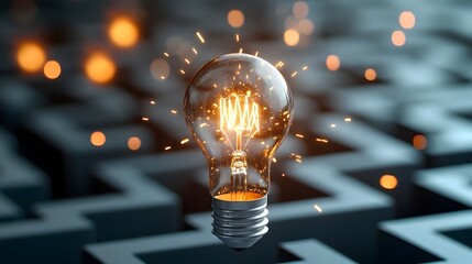 Fototapete - A light bulb consumed by flames suspended in a complex labyrinth of geometric patterns and flickering sparks creating a captivating display of energy power and innovative illumination