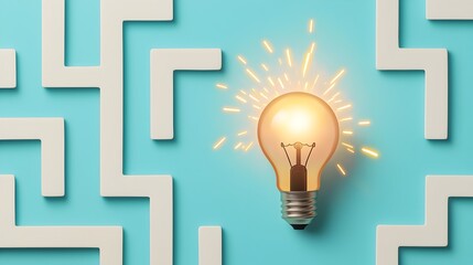 Aufkleber - Radiant lightbulb at the end of a creative maze design glowing with sparks highlighting new ideas and solutions against a vibrant blue and white background