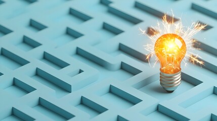 Fototapete - An intricate winding maze leading to a bright fiery bulb at the exit surrounded by a shower of sparks against a deep blue background
