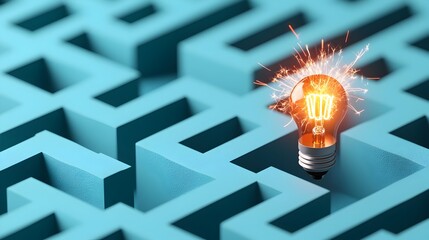 Fototapete - Intricate maze design with a bright fiery bulb at the exit surrounded by sparks on a blue background symbolizing innovative and progressive solutions to complex problems