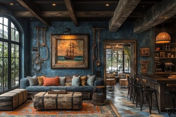 Wall Mural - A stylish interior showcasing a nautical, vintage theme with knotted rope motifs, retro patterns, and rustic furniture. Generative AI