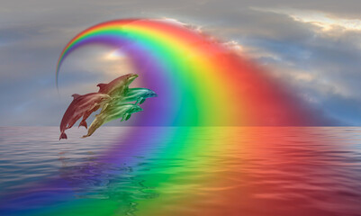 Poster - Group of dolphins jumping up from the sea amazing sunset in the background with rounde rainbow