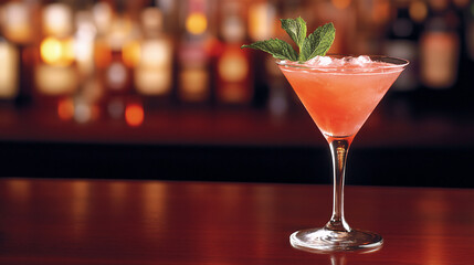 A chilled cocktail glass filled with a pink-hued drink, garnished with a sprig of mint, is set against a dark wooden bar. The dimly lit background shows elegant rows of backlit bottles, casting a