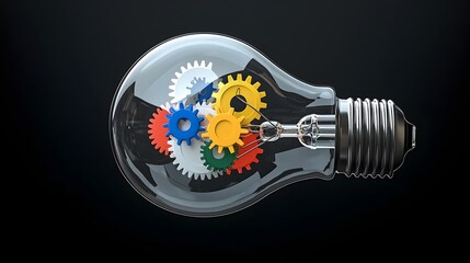 Illuminating light bulb filled with colorful gears inside symbolizing the creative process problem solving and new innovative ideas  The image represents the power of imagination ingenuity