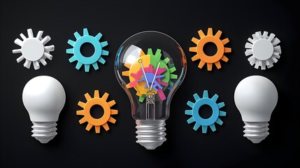 Fototapete - Illuminated light bulb with vibrant gears and cogs inside representing the creative process of problem solving innovative thinking and the birth of new ideas