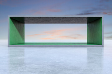 Spacious green concrete exhibition space with empty mock up place and sunset sky background. Creativity and modern art concept. 3D Rendering.