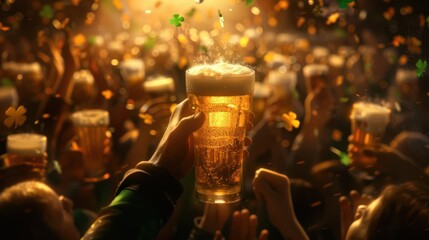 A festive crowd raises glasses of beer, celebrating with clovers and lively energy, illuminated by warm, glowing lights.