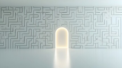 Aufkleber - Glowing Exit in Abstract Geometric Maze Representing Clear Solutions Emerging from Complex Challenges and Problems  Digital Artwork with Symbolic Shapes Lines and Curves Depicting Innovation