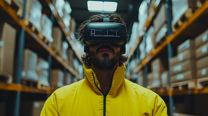 A man wearing a yellow jacket and VR headset stands in a modern warehouse filled with boxes, embodying the intersection of technology and contemporary industry.