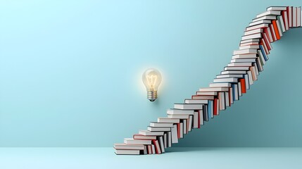 Leinwandbilder - Spiral staircase made of books leading up to a glowing light bulb representing the journey of knowledge and the enlightening solutions that can be discovered through research study