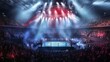 © Morning - An empty boxing ring in a large arena with bright lights and a packed audience.