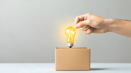 Fototapete - Hand pulling a light bulb out of a box symbolizing the concept of thinking outside the box finding creative solutions and embracing new perspectives for innovation and breakthrough ideas