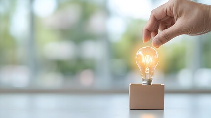 Poster - Hand Removing Light Bulb from Box Symbolizing Innovative Thinking and Exploring New Opportunities for Growth and Breakthrough Solutions
