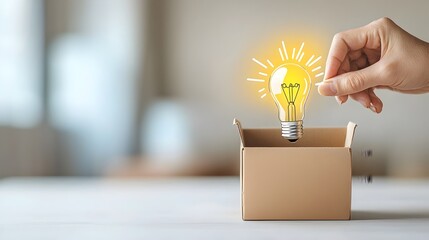 Aufkleber - Hand Pulling a Light Bulb from a Box Symbolizing the Concept of Thinking Outside the Box Embracing New Ideas and Discovering Innovative Solutions and Opportunities for Growth and Success
