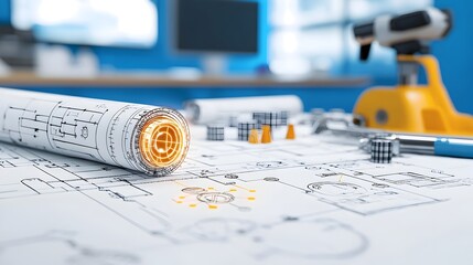 Aufkleber - Futuristic Blueprint with Glowing Design Indicating Plans for New Innovative Solutions in Technology Engineering and Architecture