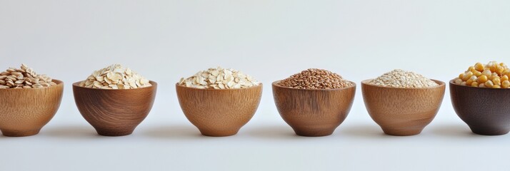 Poster - Various grains including oats, rice, and corn are displayed in stylish bowls against a clean white background, highlighting their natural textures. Generative AI