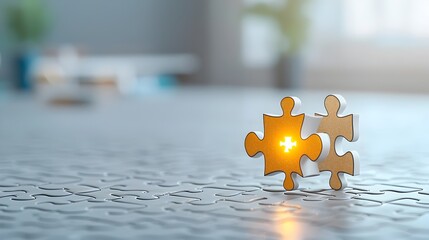 Fototapete - A single glowing puzzle piece against a dark background symbolizing the perfect solution or fit to a challenging problem or task  The illuminated piece represents a breakthrough moment