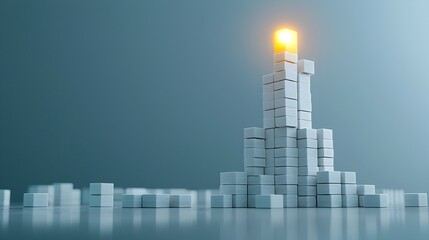 Fototapete - Glowing Tower of Stacked Blocks Representing the Achievement of Reaching the Peak of Solutions and Overcoming Challenges with Strategy and Innovation