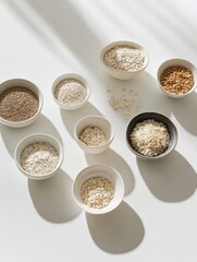 Fototapete - Various grains including oats, rice, and corn are arranged in stylish bowls on a clean white background, illuminated by soft natural light. Generative AI