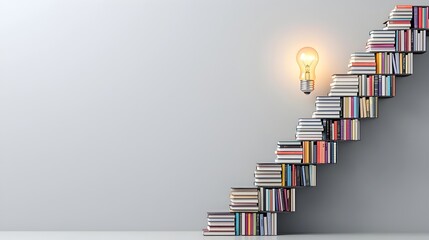 Leinwandbilder - A surreal and conceptual image depicting a staircase made entirely of books leading up to a glowing light bulb symbolizing the power of knowledge education and intellectual enlightenment