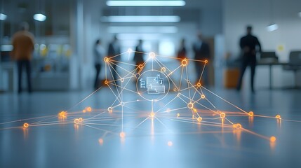 Leinwandbilder - Glowing network of interconnected lines and shapes forming a central focal point symbolizing the collaborative teamwork synergy and exchange of ideas within a team or organization