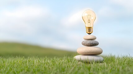 Fototapete - Innovative solution concept represented by a light bulb balanced atop a stack of stones symbolizing equilibrium creativity and effective problem solving
