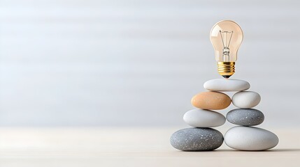 Fototapete - A light bulb balanced atop a stack of stones symbolizes the creative solution and innovative thinking needed to achieve a well balanced outcome