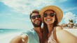 © Настя Шевчук - Happy, beach and selfie by couple in nature with love, freedom or travel adventure on sky background. Phone, profile picture or influencer people smile for social media