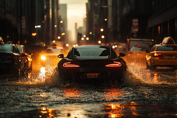 A heavy rainstorm hitting a city street, with puddles forming on the ground and cars splashing through the water