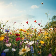 Wall Mural - Spring meadow with diverse wildflowers and buzzing bees 