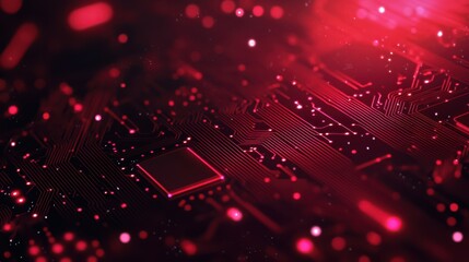 Isometric circuit background in red. Technology circuit board background. Ai chip, electronics elements, and connected dots. Data tech bg. Abstract vector illustration. Futuristic computer design
