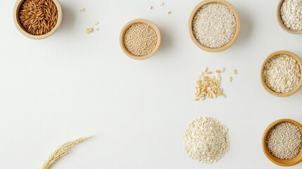 Poster - Various grains such as oats, rice, and corn are artfully displayed in bowls on a white background, showcasing their textures and colors. Generative AI