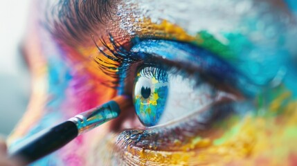 A close-up of a vividly painted eye, showcasing artistic makeup application with bright colors surrounding the iris, highlighting creativity and expression.