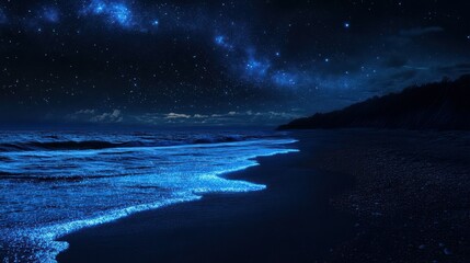Wall Mural - mesmerizing night beach with starry sky and bioluminescent waves capturing tranquil serenity and nat