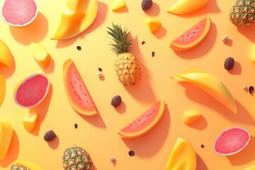 Aufkleber - Sliced tropical fruits including pineapples, mangoes, and papayas are arranged on a vibrant background, creating an eye-catching display. Generative AI