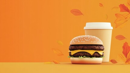 Delicious hamburger and coffee in a paper cup set against a vibrant orange background evoking a cozy autumn atmosphere Banner design