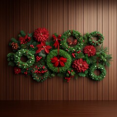 Festive Christmas wreaths and poinsettias on a wood wall.