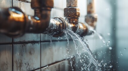 damaged heating system pipes with water splashing around