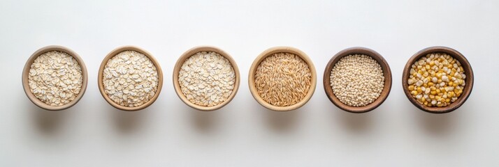Poster - Various grains such as oats, rice, and corn are displayed in bowls against a clean white background, showcasing their natural colors and textures. Generative AI