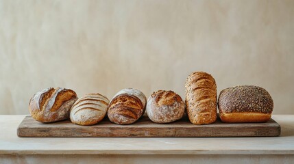 Aufkleber - An assortment of freshly baked bread and pastries is artfully arranged on a rustic wooden board, inviting taste and warmth. Generative AI