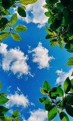 Wall Mural - a close up of a tree with leaves and a blue sky, bottom low angle view vertical