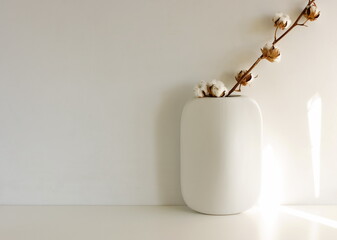 Canvas Print - Modern white ceramic vases with cotton flower branch on white  background with sunlight shadow.Copy space, Aesthetic scandinavian interior accessories. 