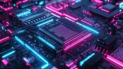 Poster - Concept CPU microchip for ai and data network. Close-up view of modern chip gpu card with circuit blue neon lights