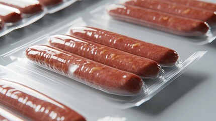 Concept of lab grown cultured meat for in vitro cell culture production featuring packaged raw sausages with a fictional label