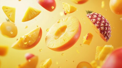 Poster - Brightly colored tropical fruits like pineapple and mango float amidst a vivid background, capturing a refreshing summer essence. Generative AI