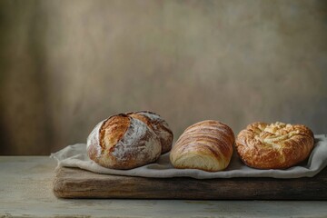 Aufkleber - A variety of artisanal breads and pastries beautifully arranged on a rustic wooden board in a cozy kitchen atmosphere. Generative AI