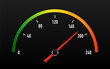 © StudioGraphic - Speedometer icon. 3D meter with arrow for dashboard with green, yellow, red indicators. Car speedometer. Scale score of speed, performance and rating. Vector illustration