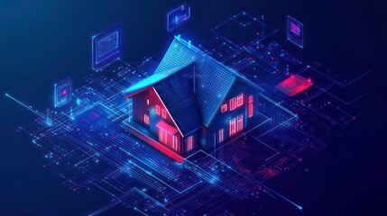 Poster - A digital representation of a smart home with interconnected technology elements.