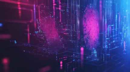 Poster - Abstract digital representation of fingerprints with a futuristic technology theme.