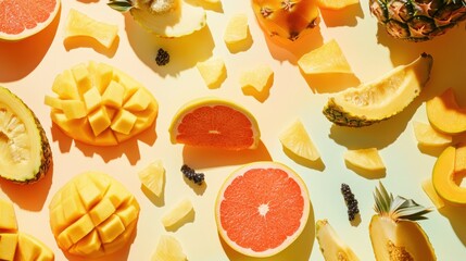 Aufkleber - Sliced tropical fruits, including mangoes and pineapples, are artistically laid out against a vivid, colorful background. Generative AI